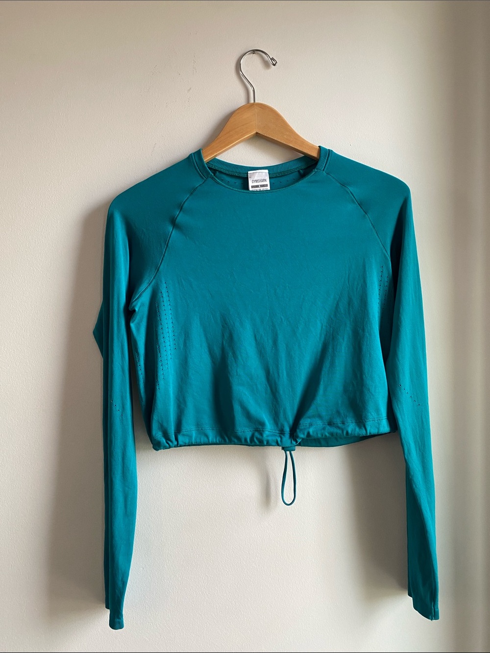 Gymshark Teal Long-Sleeve Cropped Crewneck Top with Cinched Waist